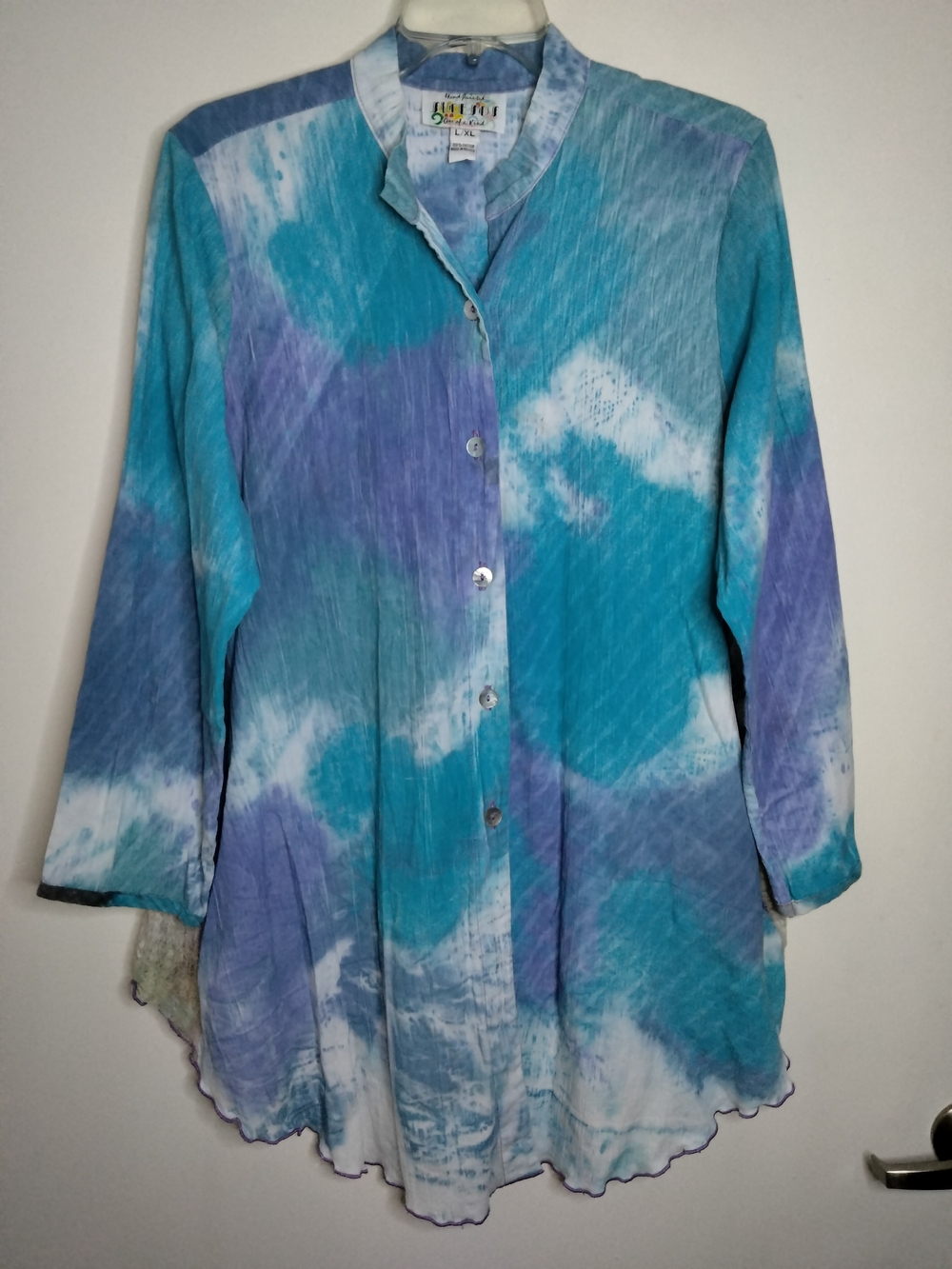 Hand Painted Boho Tie-Dye Blue & Purple Button-Front Tunic Shirt- (Size L/XL)